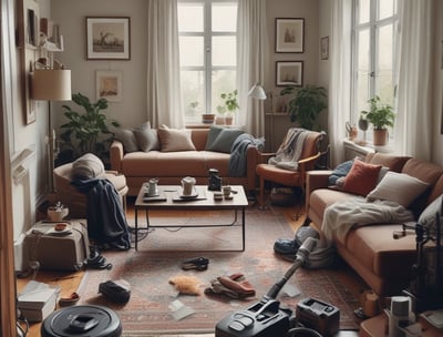 Cluttered living room being cleaned by professionals.