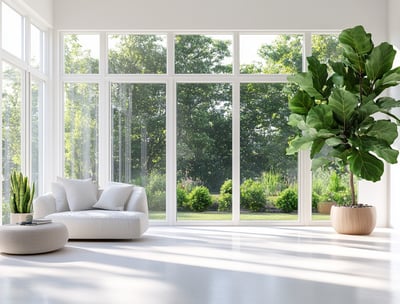 Early fresh sunny morning on display through a white sunroom clean exterior windows on all sides. 