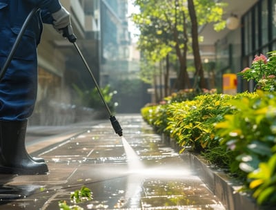 A man in uniform power washes a luxury business area around lush green plants and trees