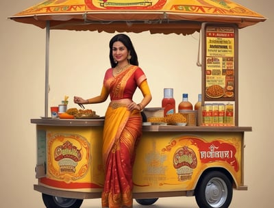 A traditional street food stall on a motorcycle cart, displaying snacks and fresh produce, covered by a blue tarpaulin. Various items are placed on banana leaves, and condiments are arranged on the counter. A vendor stands nearby, ready to serve customers. There are handwritten signs in a local language, and a bustling street with parked cars can be seen in the background.