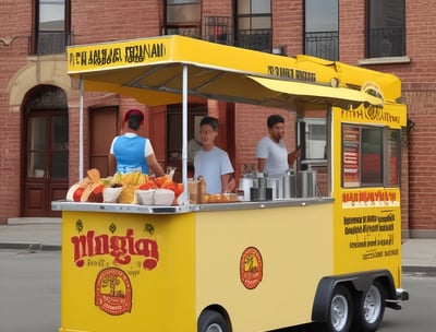 A street food cart is parked on a wet city street, illuminated by vibrant lights with a focus on a display case containing snacks like popcorn. The background features blurred vehicles and buildings, creating a lively urban atmosphere.