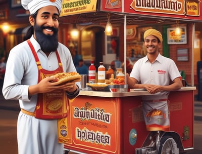 A street vendor stands behind a wooden cart filled with a large tray of golden fried snacks, likely pakoras, topped with green herbs. He is positioned in a bustling market street, surrounded by various shops and stands displaying different goods. People are walking and cycling in the background, hinting at a vibrant and busy atmosphere.