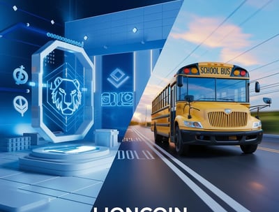 a school bus with a lion on the front and a school bus on the back