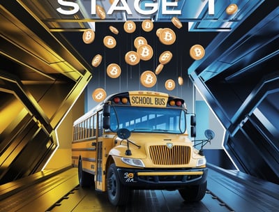 a school bus with bitcoin on it and a lot of coins falling out
