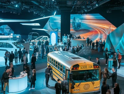 a school bus parked in a showroom