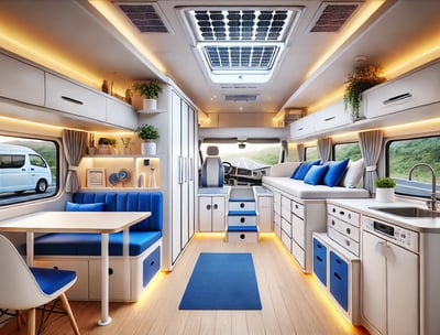 a camper van with a table and chairs