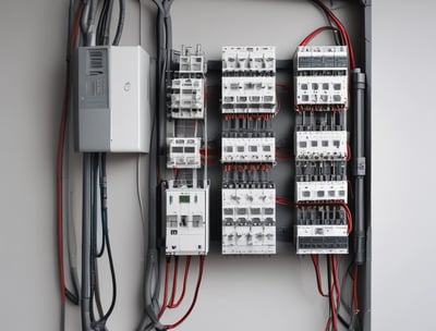A row of multiple electrical meters and panels is mounted on a brick wall. The setup includes several round meters with clear covers, metal conduits, and electrical boxes. The equipment is organized and securely installed.
