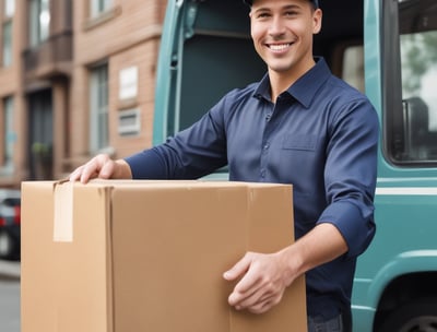 a man in a blue shirt is holding a box of boxes