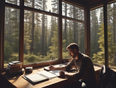 A modern workspace setup featuring a large monitor and a laptop displaying web pages. The desk has a wireless keyboard, a mouse, and a card labeled '#Hashtag Campaign'. The space is clean and organized with a focus on digital content.