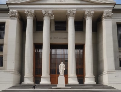 A close-up view of a sign with the words 'Supreme Court' in gold-colored letters mounted on a textured gray and black background. The sign is bordered by an aged metal frame and positioned on an architectural feature with classical detailing.