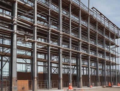 A building under renovation with extensive scaffolding surrounding its façade. The structure features classical architectural elements like ornate balconies and mansard roofs. Traffic barriers are placed at the base, indicating an active construction zone.