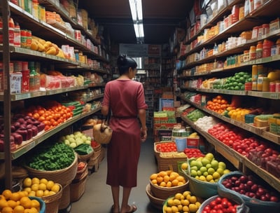 A grocery store produce section with neatly arranged vegetables and fruits. Shelves are filled with items like tomatoes, mushrooms, and colorful produce. Bright overhead lighting illuminates the area. Signs display prices and product information. People are seen walking and shopping.