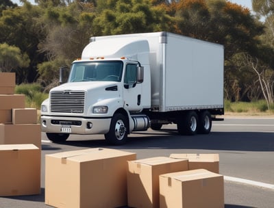 A large moving truck is parked on a residential street in front of a house with beige siding and white garage door. The truck is branded with 'Los Angeles Transfer And Storage,' featuring contact information and graphics of a city skyline. The sky is overcast, and the street is empty.