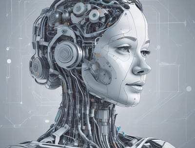 Four small, white robot figures are sitting in a row, each with a laptop in front of them. They have round bodies and blue accents, with 'AI' displayed on their chests. The background is minimal and light gray, emphasizing the robots and their computers.