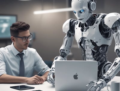 A small, white humanoid robot with blue accents, including eyes, mouth, and a circular badge with the letters 'AI' on its chest, is positioned in front of a blue laptop on a metallic surface. The robot has a simple, smooth design with two cylindrical arms and a small antenna on top.