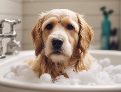 A small, fluffy dog with a gray and white coat is standing on a grooming table, attached with a blue harness. The room is well-lit with large windows and contains grooming equipment including dryers and a pair of scissors. Another dog, partially visible, is on a similar table in the background.