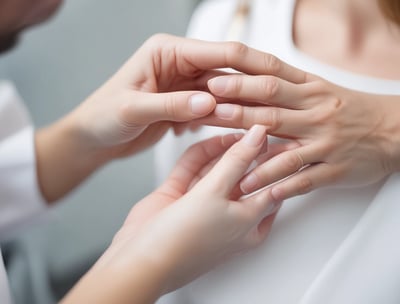A person wearing blue gloves is holding a nail file labeled 'Analiese Linx Professional Cosmetics.' Another person with a pink sleeve and visible wristwatch is reaching out, suggesting a manicure or nail care session. The background displays a partially visible graphic or logo on a t-shirt.