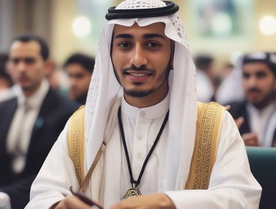 A person wearing traditional attire, including a white headscarf and glasses, is holding a microphone and reading from a tablet or notebook. They are standing in a conference-like setting with a name tag and a small Saudi Arabian flag visible on the table nearby.