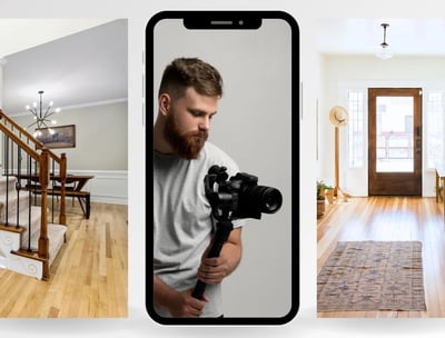 A real estate photographer holding a camera stabilizer, framed between two high-quality properties