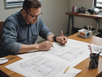 Homem sentado numa mesa fazendo um projeto de engenharia