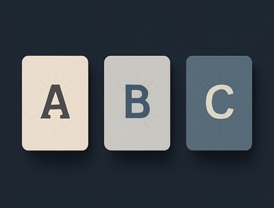 Tarjetas con letras A, B y C que representan planes web flexibles según las necesidades del negocio.