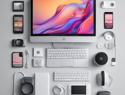 A laptop displays a web browser on the eBay homepage, showing a prominent green advertisement offering up to 70% off on Apple tech with a two-year warranty. The ad features images of a smartwatch and a smartphone. The surrounding environment includes a wooden table and blurred indoor plants in the background.