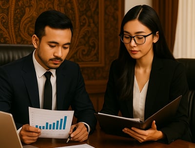 Two professionals in navy suits holding financial charts and legal documents in a batik-patterned se