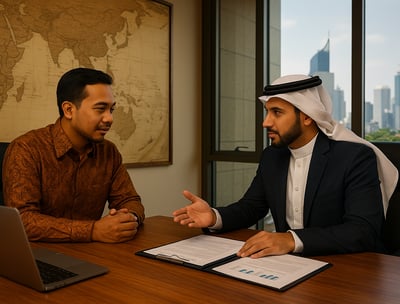 two men sitting at a table with papers and papers