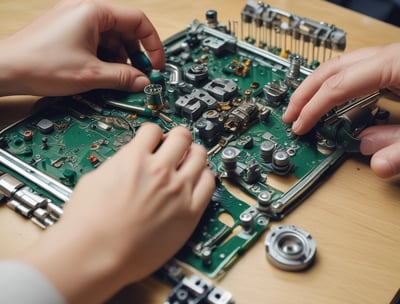 Hands are manipulating a small mechanical assembly, which includes metal and plastic components. The setup seems to involve green gears and metallic rods, indicative of a robotics or engineering-related activity.