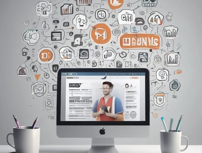 A laptop displaying a website with a search bar at the top and several categorized icons for different services. The laptop is positioned on a light-colored desk in an indoor setting, with the focus on the screen contents and some blurred background elements.