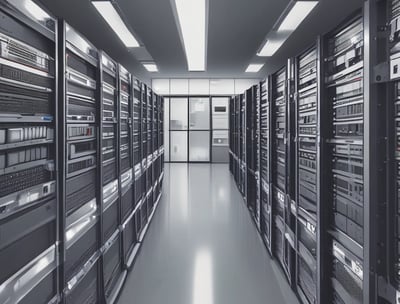 A room with a tiled ceiling and fluorescent lighting contains various electronic and office equipment. On the left, there's a wooden desk with a black server cabinet next to it. In the center of the room, a rack of network cables is visible, organized into a larger unit. To the right, a filing cabinet is mounted on the wall, with a printer/copier machine near the foreground. The walls are plain and the floor is covered in white tiles.