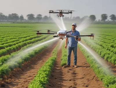 A white quadcopter drone equipped with a camera hovers in front of a blurred background of lush green foliage. The drone is captured in mid-flight, with its propellers creating a slight motion blur.