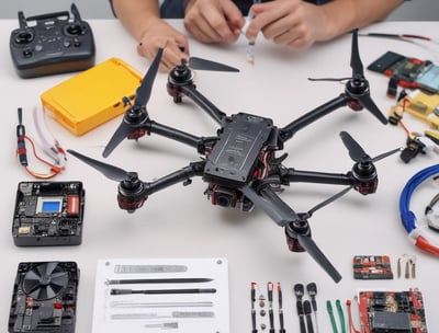 A person holds a drone prominently in the center, with a wheat field and clear blue sky in the background. The drone is in sharp focus while the person and the background are slightly blurred.