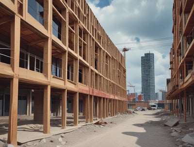 A construction site with a large, metallic building featuring the CSCEC logo and Chinese characters on it. Surrounding the building are tall apartment complexes in the background. Signs are visible, including one indicating an exit with English and Chinese text, and several informational signs in Chinese.