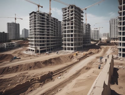 A street scene featuring a construction site with wooden planks piled behind a barrier marked with the name of a construction company. In the background, there is a light blue building with red and white shutters, partly covered in ivy. Other buildings and a van are also visible, along with trees and bicycles parked nearby.
