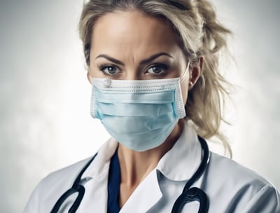 man in white scrub suit wearing green mask