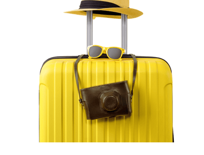 a hat and sunglasses on a suitcase