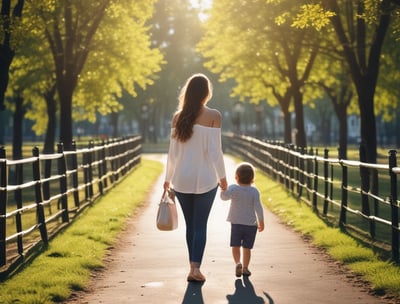 A group of people gathered together, with a focus on a woman smiling while holding a young child who looks tired. Another adult stands close by, facing them with a cheerful expression. The background is blurred, highlighting the interactions among the individuals.