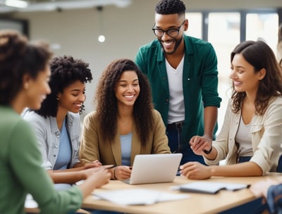 a group of people sitting around a table with a laptop