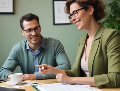 a man and woman sitting at a table with a laptop
