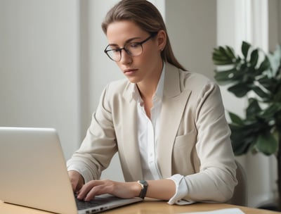 a woman in a suit and glasses is sitting at a desk