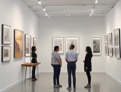 a group of people standing in a museum with pictures of people