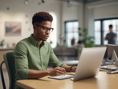 a man sitting at a desk with a laptop computer