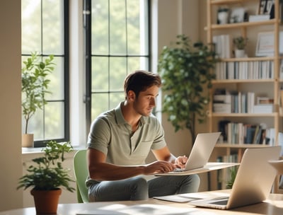 a man sitting at a table with a laptop and a laptop