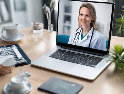 a woman in a white coat and blue gloves is wearing a virtual headset