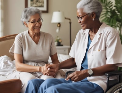 An elderly couple stands together, the woman seated in a wheelchair holding a blue folder with a gold logo. The man stands beside her, wearing a dark blue shirt with a patterned design. A decorative wall with a branching pattern and birds is in the background.