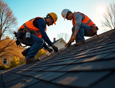 Commercial roofing team working on flat roof of a business building