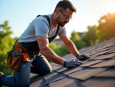 Professional roof inspection in NJ with technician checking shingles and flashing