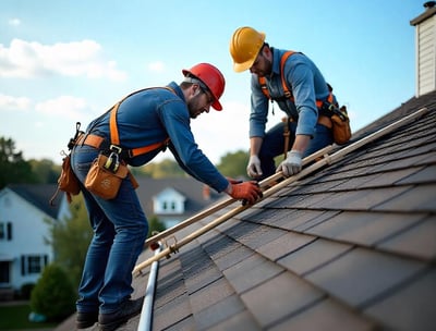 Residential roofing contractors installing new shingles on a New Jersey home