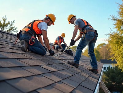 Roofing contractor fixing leak as part of roof repair services